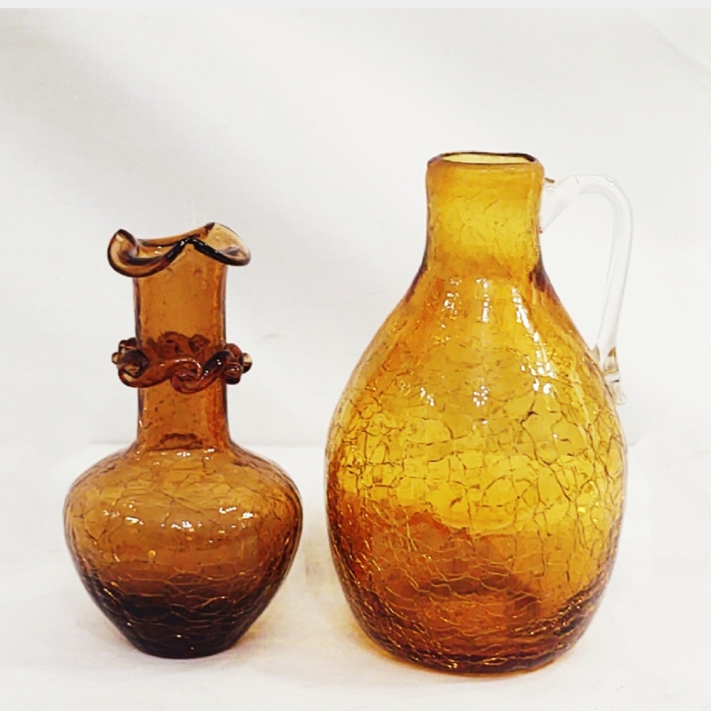 Vintage Mid-Century Modern Pilgrim Amber Crackle Glass Pitcher and Vase
